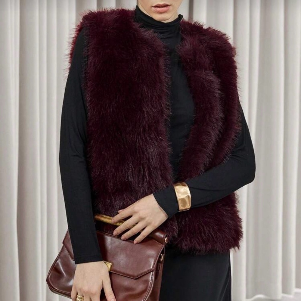 Plush Faux Fur Vest in Deep Burgundy